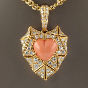 Bvlgari High Jewelry 18K Yellow Gold Diamond & Coral Heart Pendant Necklace