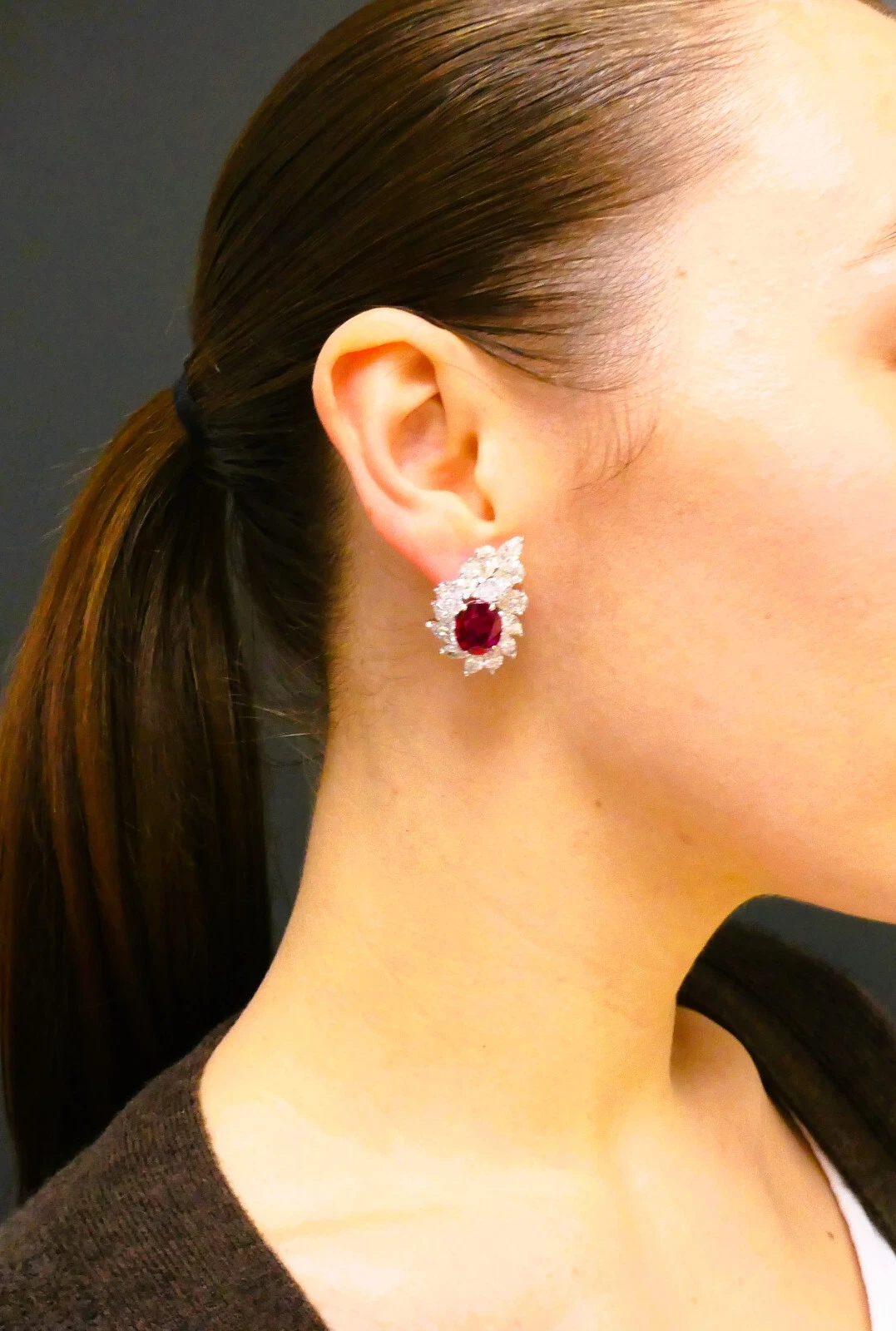Ruby Diamond Cluster Earrings 18K White Gold Mozambique Certified Estate Jewelry - Image 8